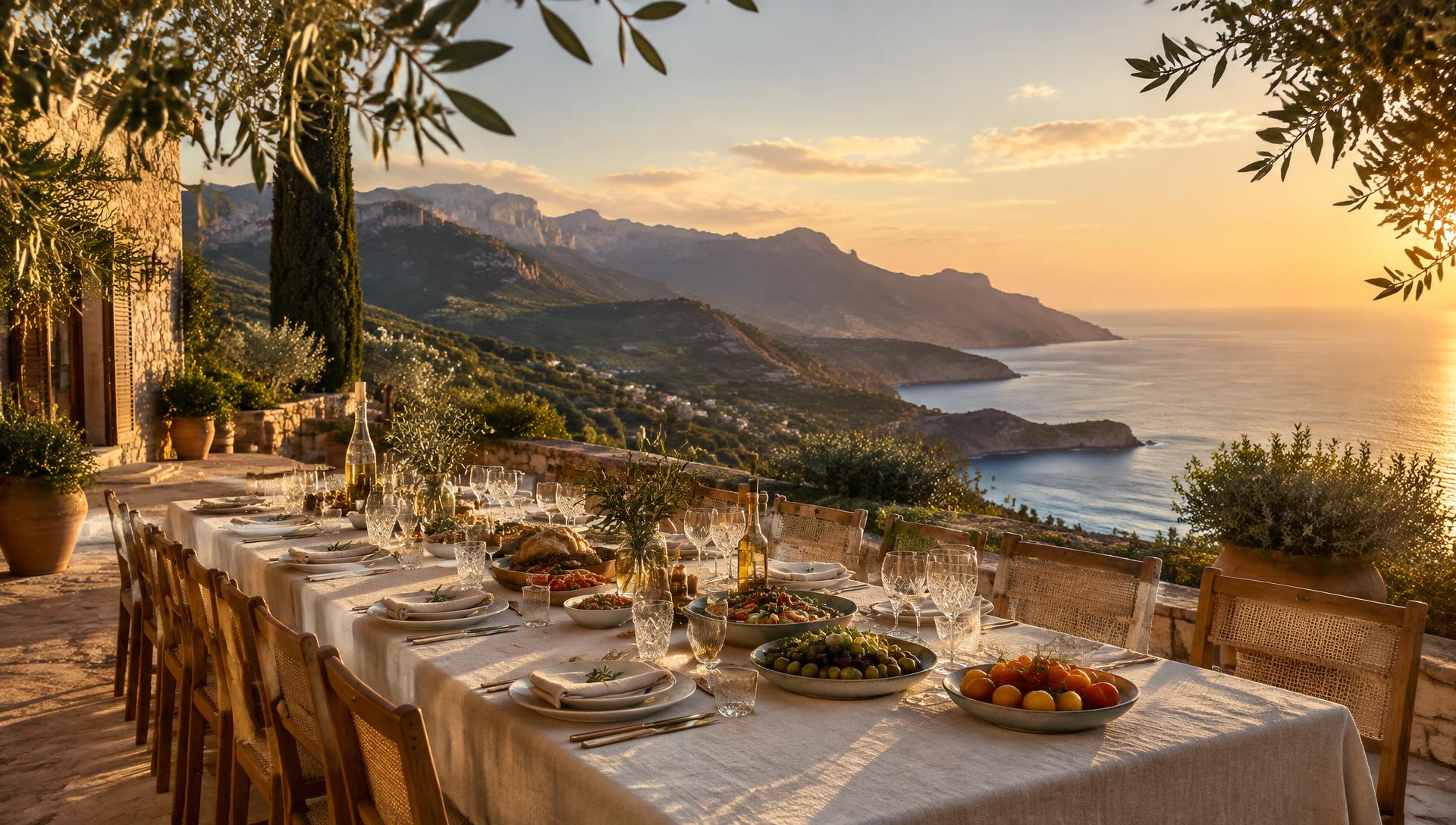 Gedeckte Tafel auf einer mallorquinischen Finca mit Blick auf das Meer