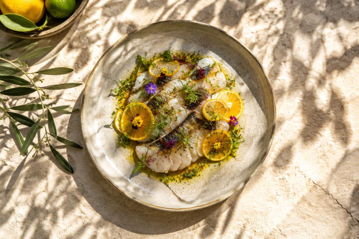 Mediterranes Fischgericht mit Zitrusfrüchten